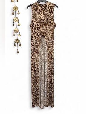 Vintage Leopard Print Sleeveless Mock Neck High Low Maxi Tank Top Dress Size XL